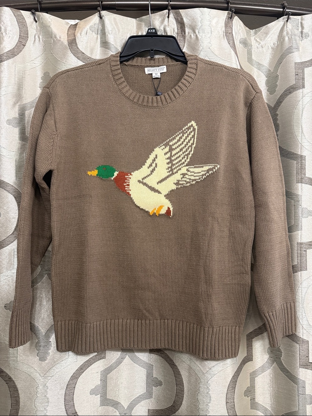 Mighty Fine Brown Crewneck Sweater with Flying Duck Intarsia